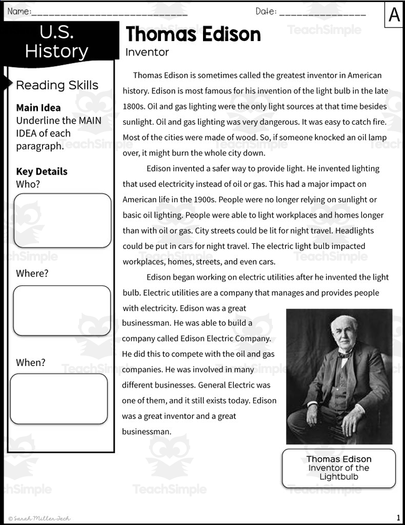 Thomas Edison Reading Comprehension Worksheet Pdf