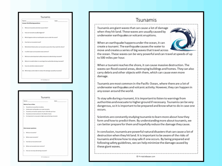 Tsunamis Reading Comprehension Passage Printable Worksheet