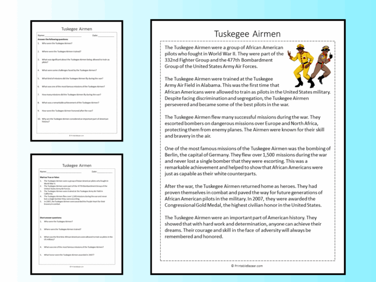 Tuskegee Airmen Reading Comprehension Passage Printable Worksheet Teaching Resources