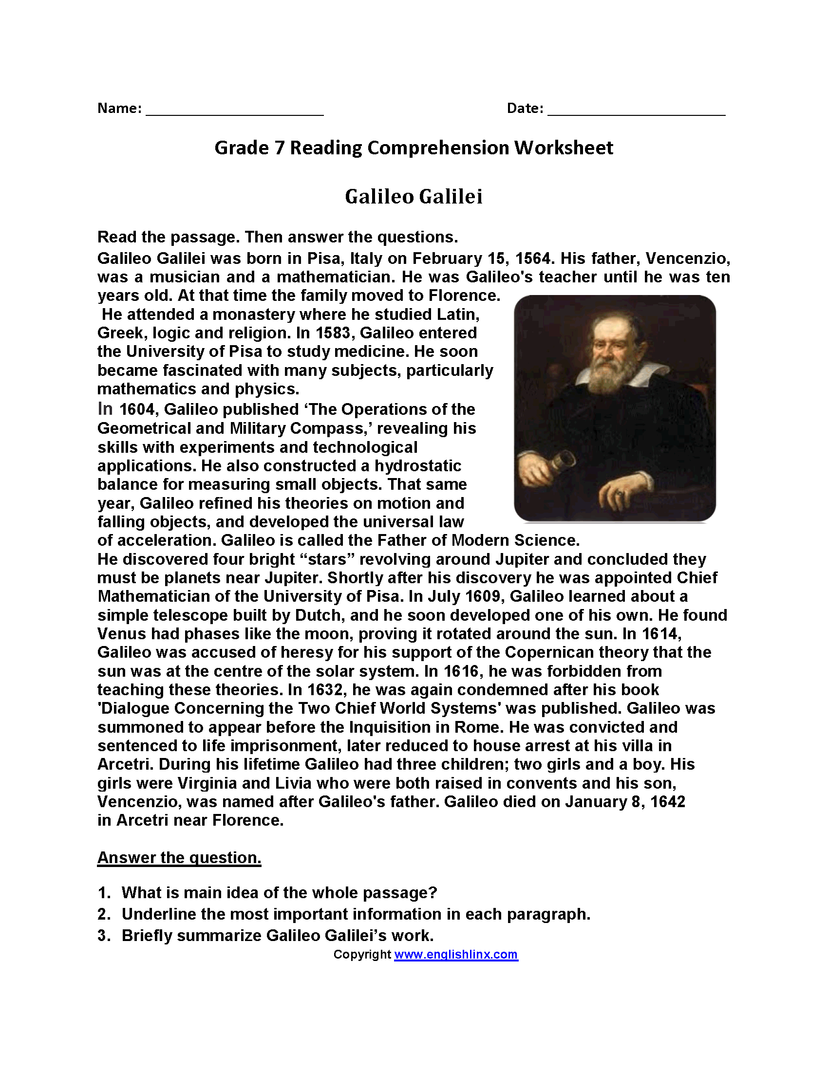 Reading Comprehension 7th Grade Worksheets Pdf