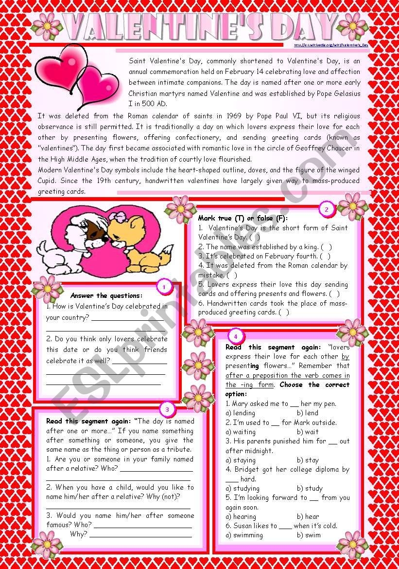 Valentines Day Reading Comprehension Grammar ing After 