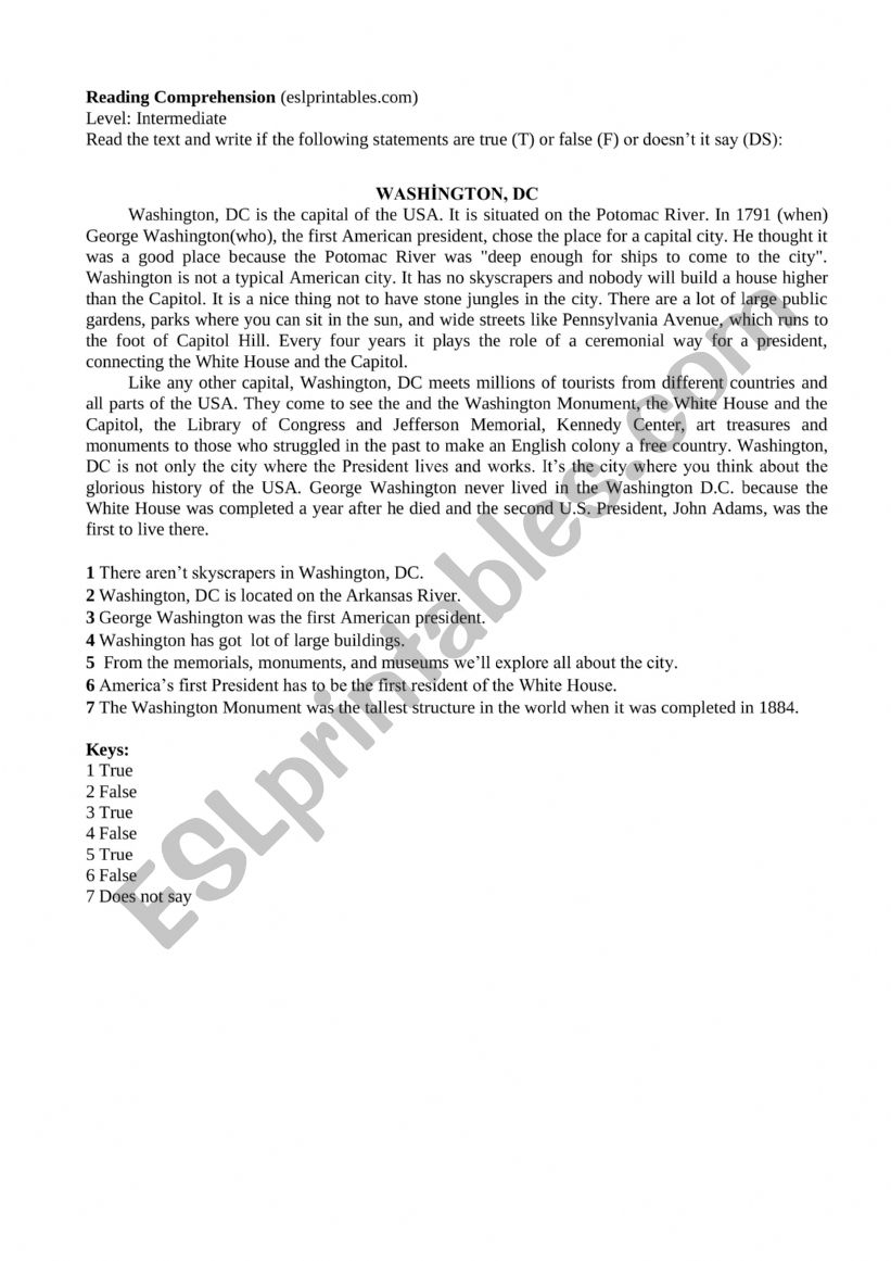 Washington DC Reading Comprehension ESL Worksheet By Zhigbaeva