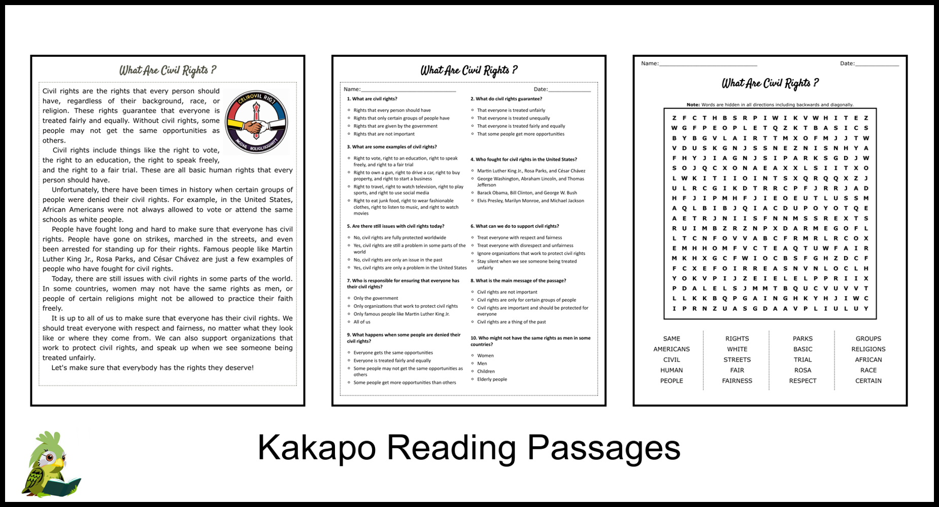 What Are Civil Rights Reading Comprehension And Word Search Teaching Resources