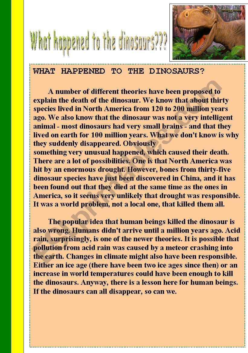 WHAT HAPPENED TO DINOSAURS READING PASSAGE WITH COMPREHENSION 