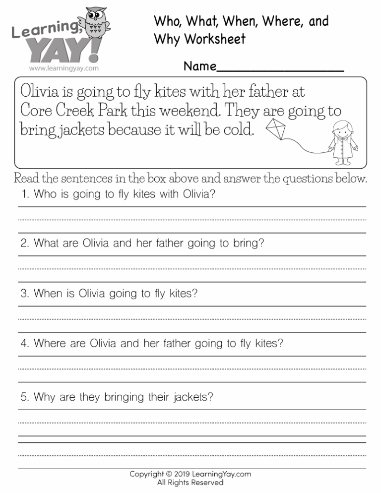 Who What When Where And Why Worksheet For 1st Grade Free Printable