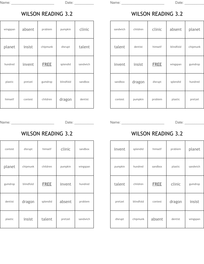WILSON READING 3 2 Bingo Cards WordMint